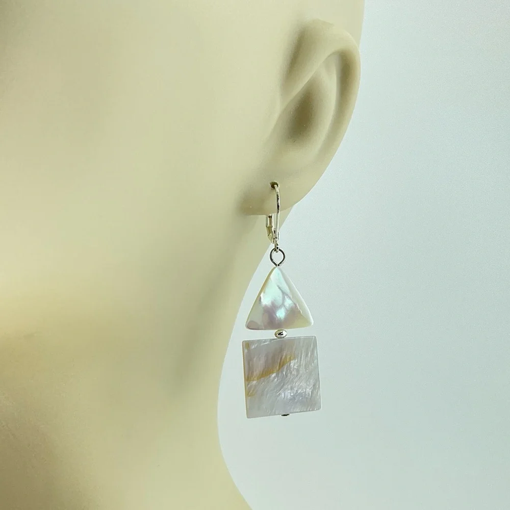 Mod Mother of Pearl Earrings, Handmade, Triangles & Squares, Neutral